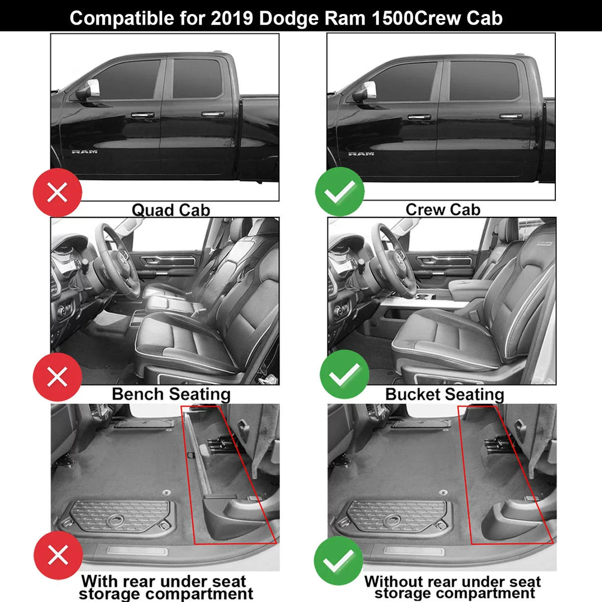 2019 Floor & Ram Weather Mats 2nd Crew Rear Cab - Non-Toxic Seat) Seating, (NOT Carpet for Set Under 1st Bucket Ram for 3W with Row Dodge 1500 Storage 2020 TPE Full All for