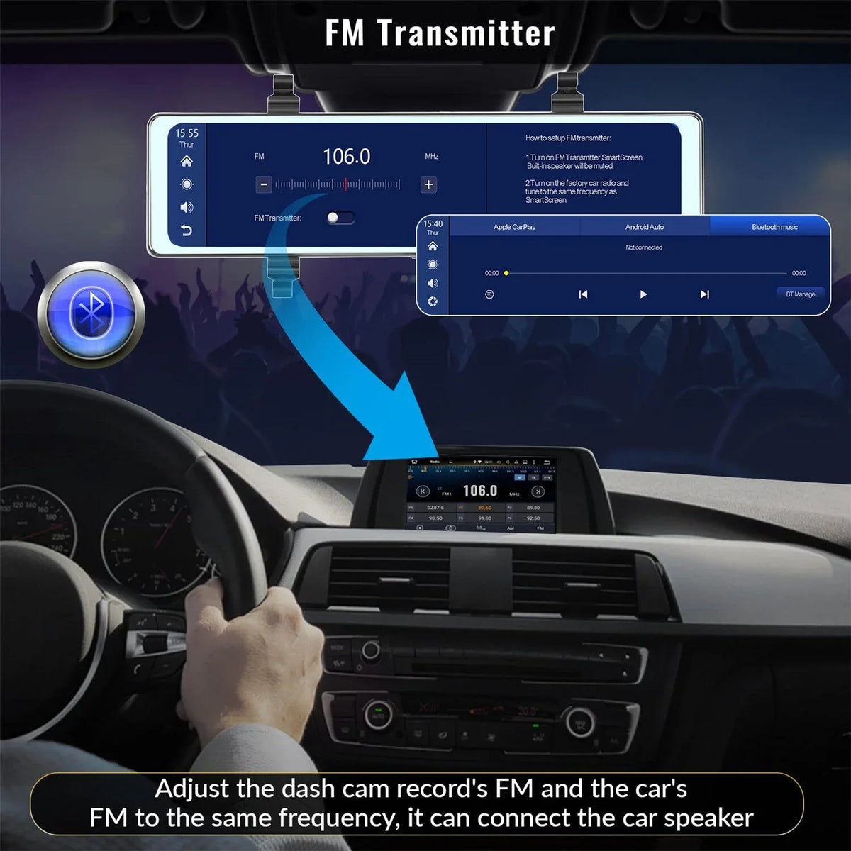 Mirror FM Transmitter,Night View recording, Auto,11.26" Apple Wireless Dash with 4K Control WDR/HDR,Loop Assistance, Cam Rear Carplay&Android Recording Voice Mirror Cameras,WiFi View Vision,Parking