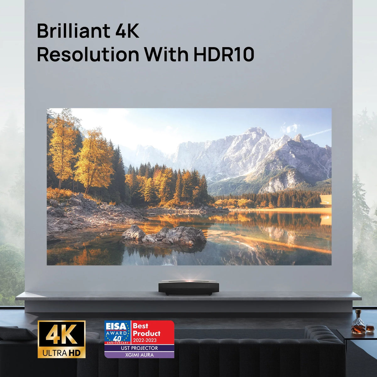OS AURA TV Laser with 4K Short Kardon Ultra Projector Android Harman Speakers, XGIMI Throw