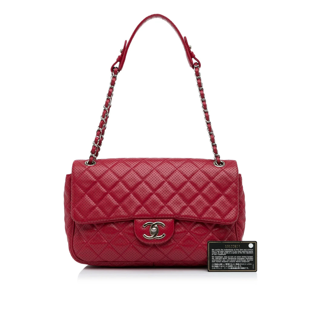 Leather Red (Good) Shoulder Pre-Owned Unisex Classic Authenticated Jumbo Perforated Lambskin Bag Single Chanel Flap