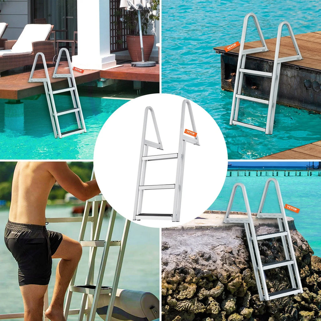 Lakes, Dock Capacity, Ladder Nonslip VEVOR Marine Boats, & Access Steps, 350 lbs Simple Removable Aluminum with Wide for 3-Step - Alloy 4'' Installation Pools