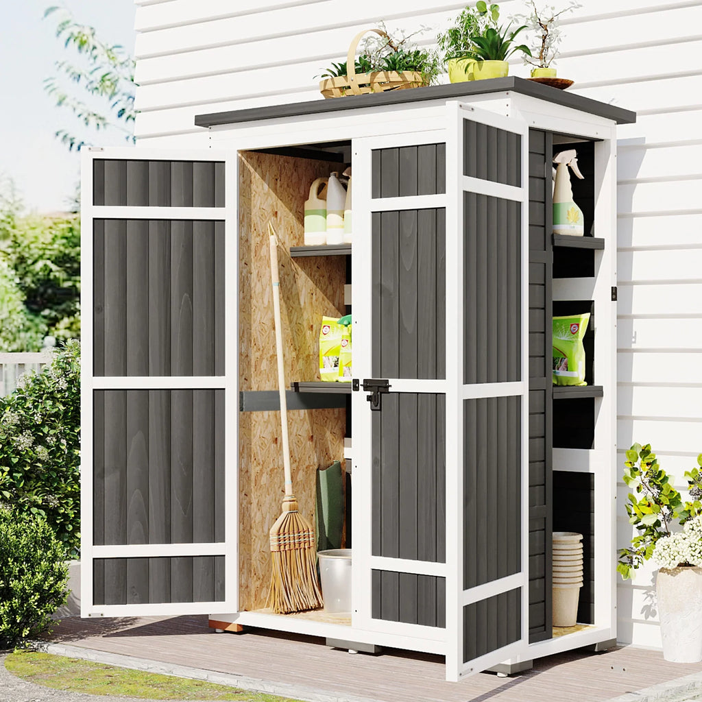 5.5ft Outdoor L Cabinet Gray Shelves, White and Asphalt Multiple-Tier Hx4.1ft Roof, Homiyad Shed, Storage Wood Doors, Lockable with Garden Waterproof Tool Four