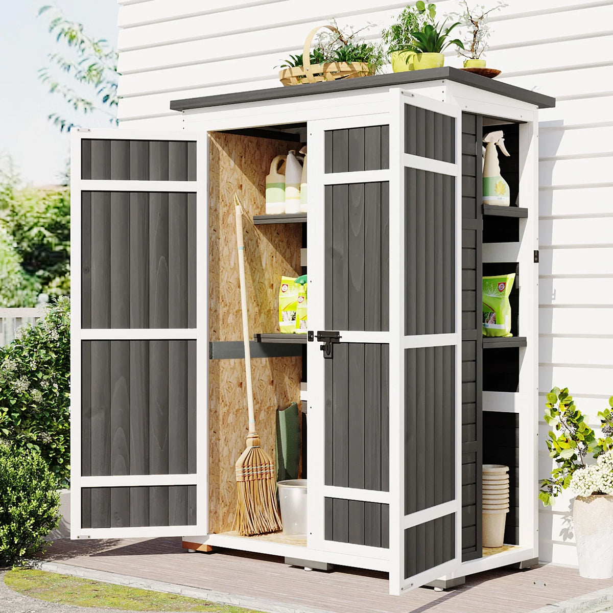 5.5ft Outdoor L Cabinet Gray Shelves, White and Asphalt Multiple-Tier Hx4.1ft Roof, Homiyad Shed, Storage Wood Doors, Lockable with Garden Waterproof Tool Four