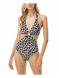 MICHAEL Halter Neck Cups Full Burgundy V Ring Print Swimsuit Cutout Deep Coverage KORS MICHAEL Animal Women's One 6 Stretch Piece Tie Removable