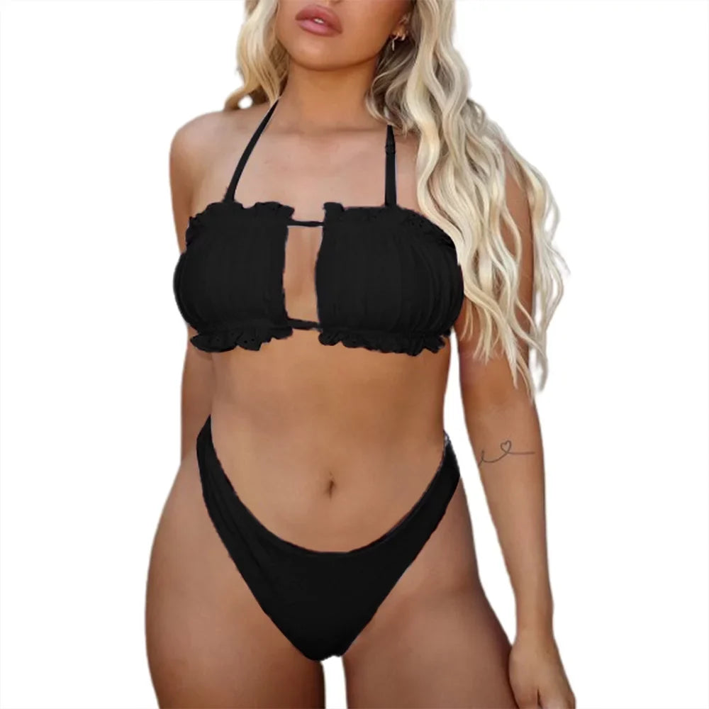 Tie Ribbed Bikini Womens Piece Ruffle Sexy Suits Bathing ZAFUL Cutout 2 Cut Bandeau Swimsuit High