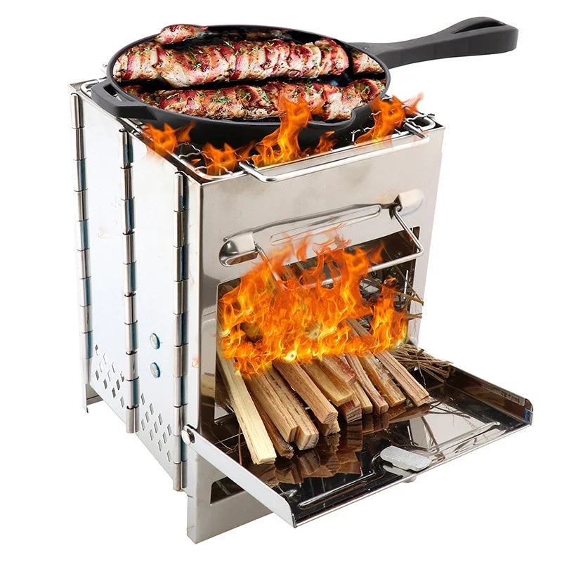 Lightweight Outdoor Burning Backpacking Sturdy Picnic Stove Cooking, Grill Camp Stainless Folding Wood For With Stove For Portable Wood BBQ Steel Camping