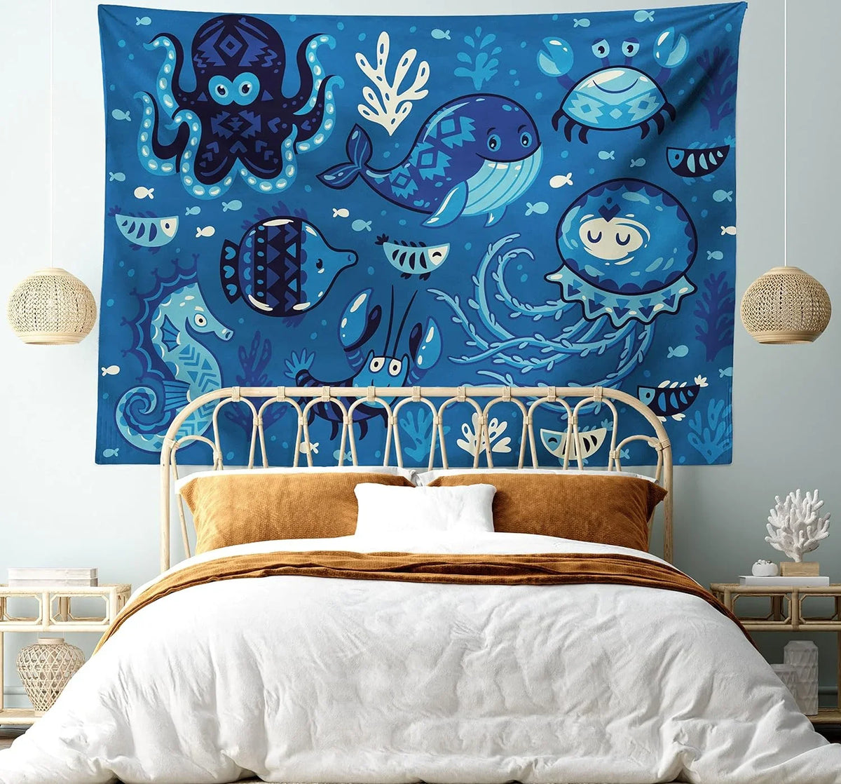 45" Wall Blue 30", Moss Hanging Sealife Ocean And For X Octopus Tapestry, Deep Living Little Whale Fish Cartoon Room Print, Fabric Bedroom Decor With Dorm, Animals