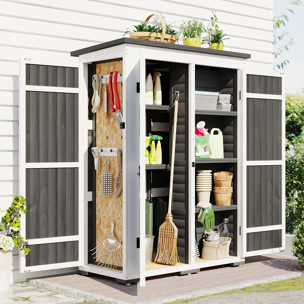 5.5ft Outdoor L Cabinet Gray Shelves, White and Asphalt Multiple-Tier Hx4.1ft Roof, Homiyad Shed, Storage Wood Doors, Lockable with Garden Waterproof Tool Four