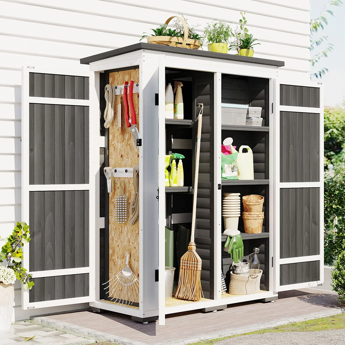 5.5ft Outdoor L Cabinet Gray Shelves, White and Asphalt Multiple-Tier Hx4.1ft Roof, Homiyad Shed, Storage Wood Doors, Lockable with Garden Waterproof Tool Four
