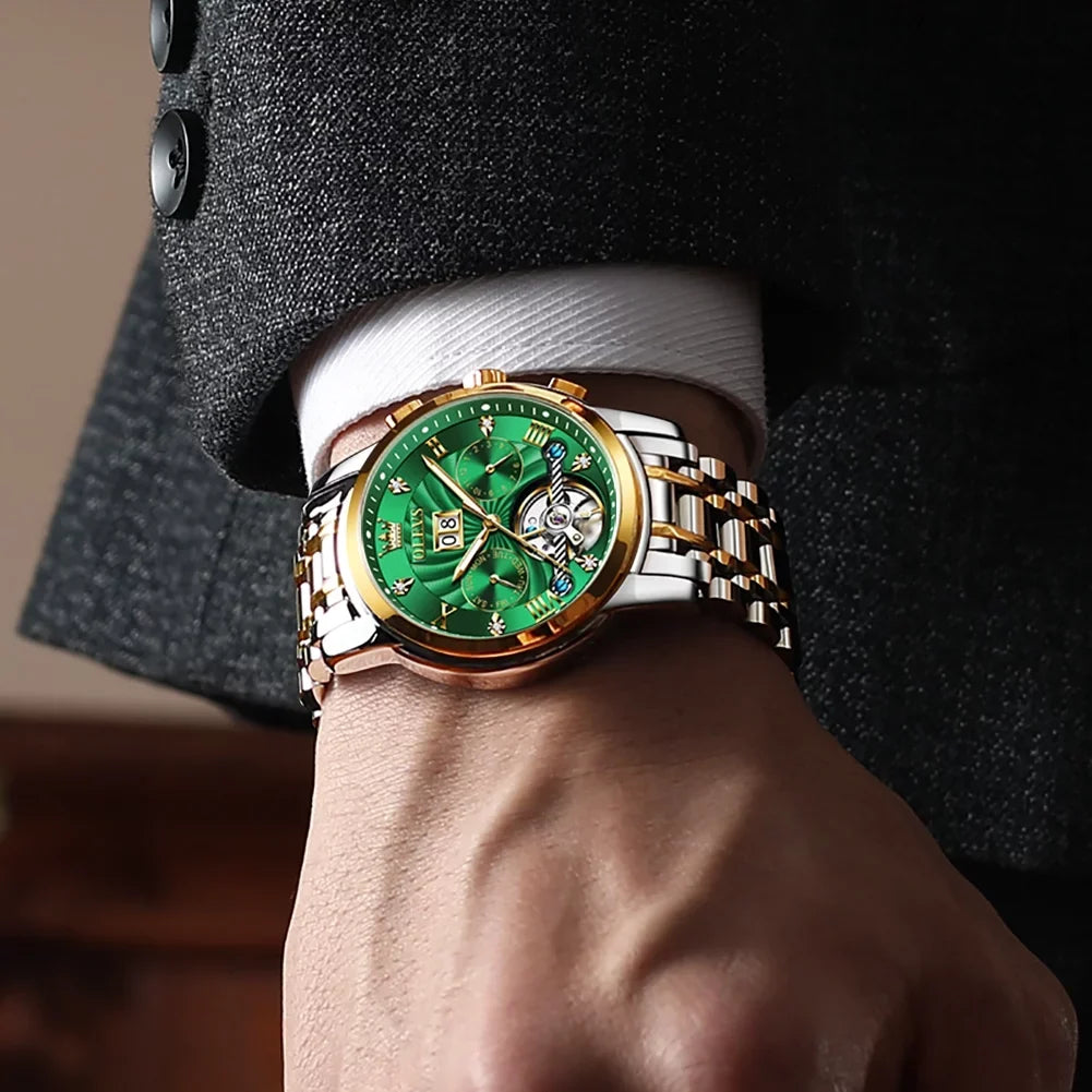 Automatic Mens Dress OLEVS Watches Diamond Business Stainless for Watches Steel Band Skeleton Men Self-Winding Luxury