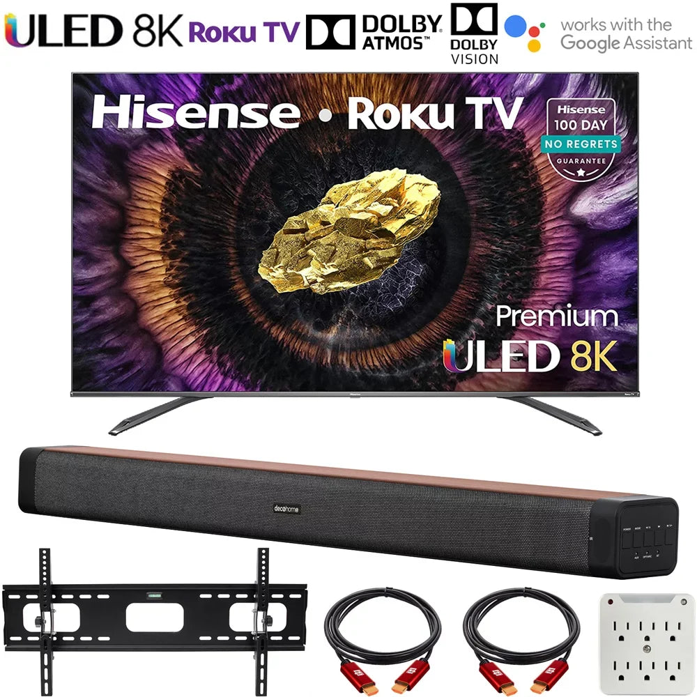 75" with Bracket 2.0 with Soundbar, Surge TV Vision Bundle 8K Dot Mount 60W Bundle Smart Wall 75U800GR 2021 Dolby 37"-100" TV Deco Hisense and Roku Home Adapter Quantum 6-Outlet Premium Channel ULED