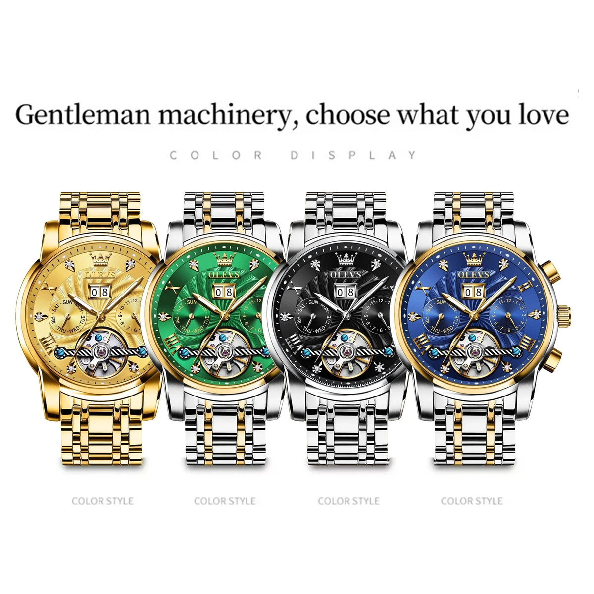 Automatic Mens Dress OLEVS Watches Diamond Business Stainless for Watches Steel Band Skeleton Men Self-Winding Luxury