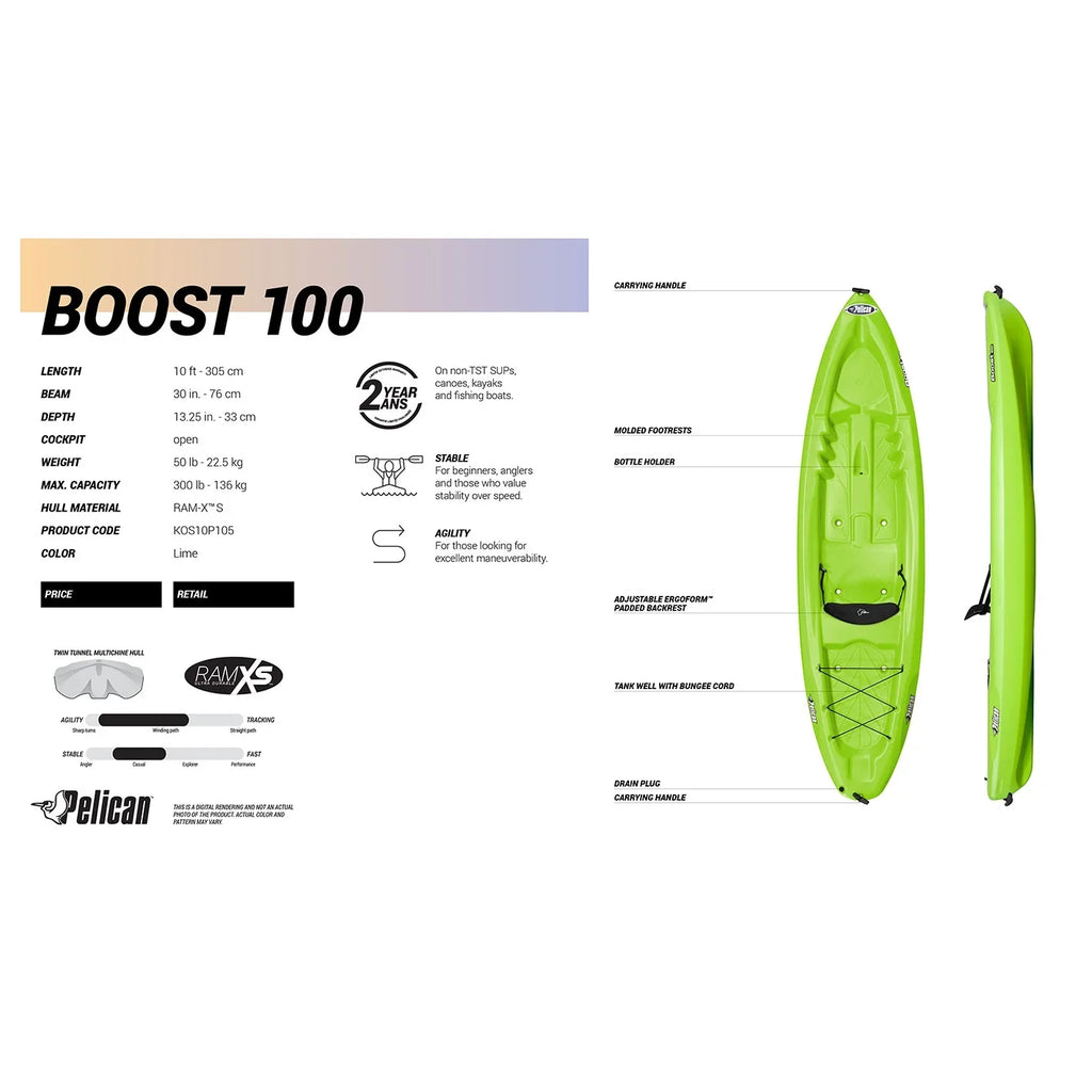 Boost Sit 10ft Top Kayak, Green Pelican 100 On