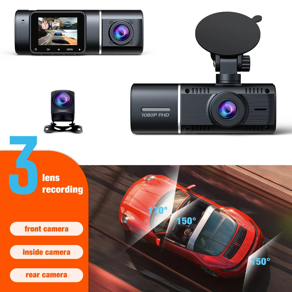 Cam Dash Motion IR with Lock Channel Car Detection and Camera TOGUARD Dash 3 Way Monitor Inside 1080P Vision Front Parking Camera Night Accident Rear Triple Three
