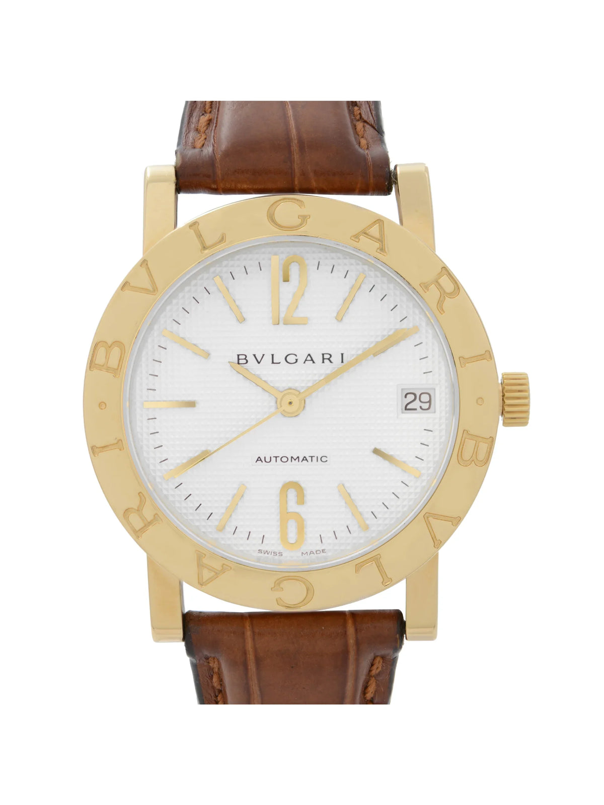 BB33GL Bvlgari Gold Dial Automatic Strap 33mm 18k Leather Watch White Yellow