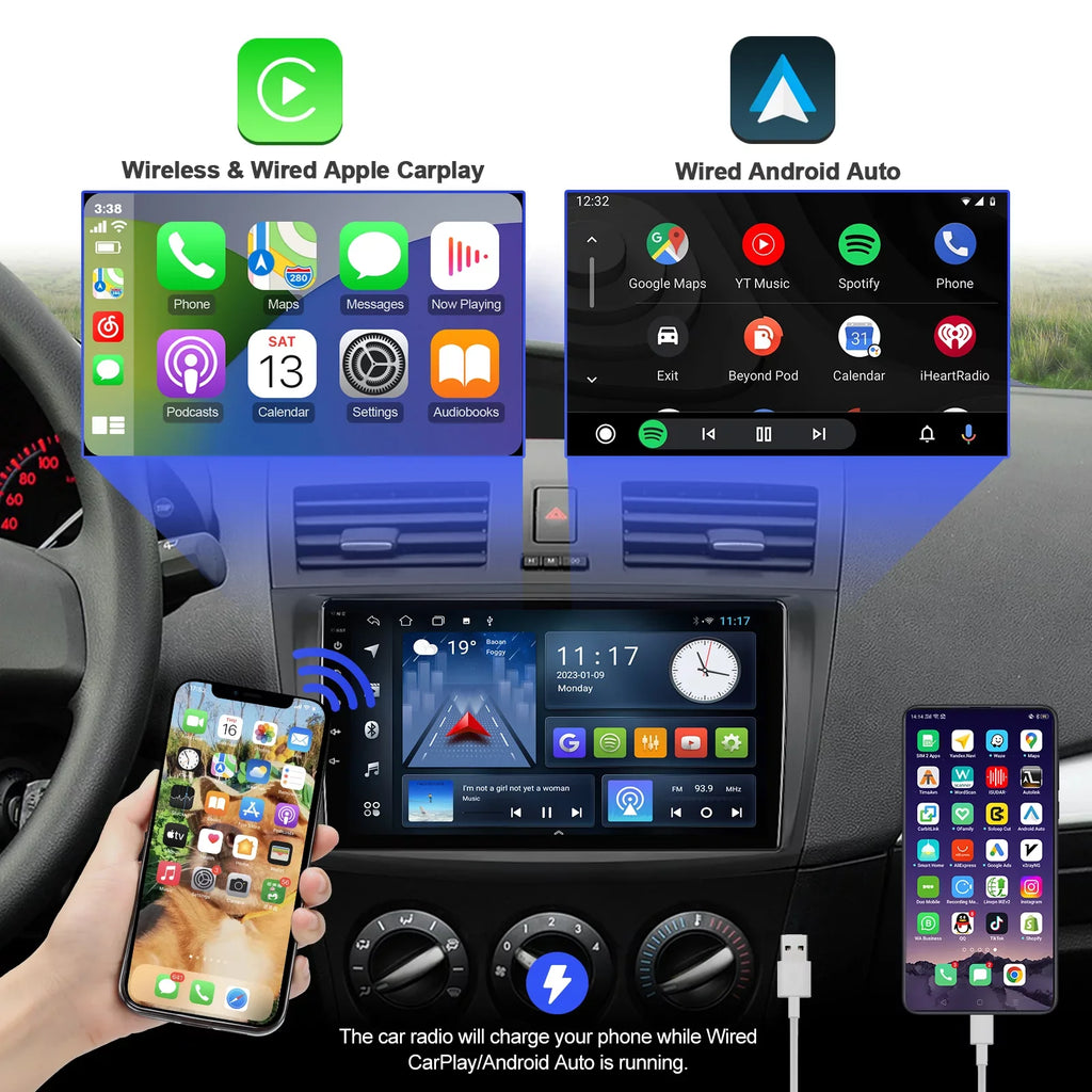 Double Android Built-in stereo Din 3 Carplay/Android 2011 Car Wireless Radio 10 9 Auto/GPS/Bluetooth/FM/AUX-in/Steering Control 2012 2+32G Mazda 2013 for 2010 Wheel Inch TouchScreen with Backup Camera
