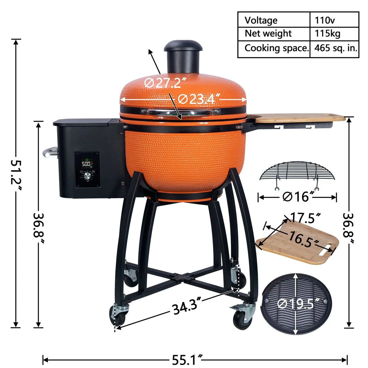 Smoked Outdoors for Double 19.6" with Roasted Grill 24 4-in-1 Patio,Orange BBQ Ceramic diameter Pellet Liner Gridiron Pan-roasted "Ceramic