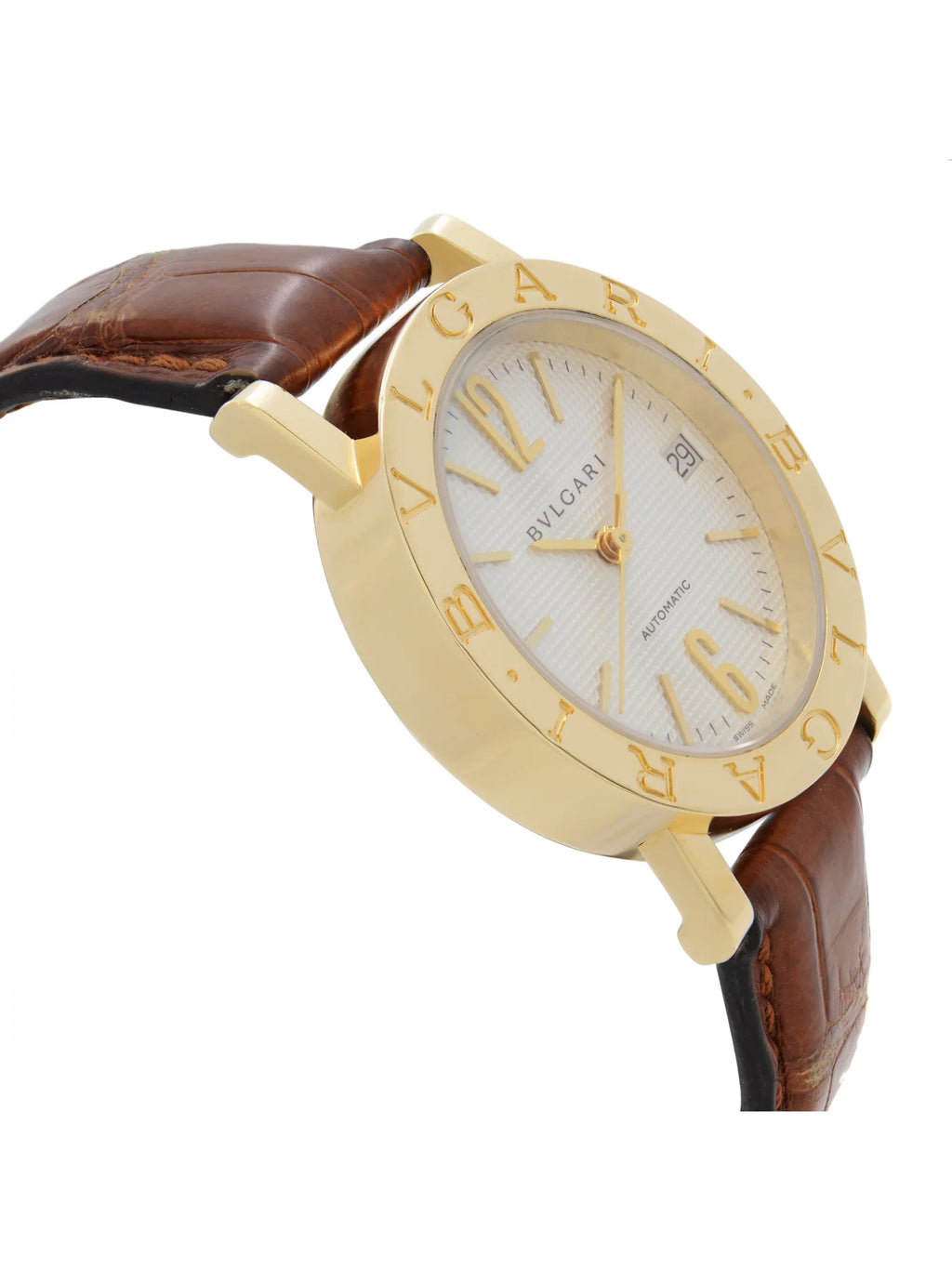 BB33GL Bvlgari Gold Dial Automatic Strap 33mm 18k Leather Watch White Yellow