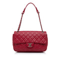 Leather Red (Good) Shoulder Pre-Owned Unisex Classic Authenticated Jumbo Perforated Lambskin Bag Single Chanel Flap