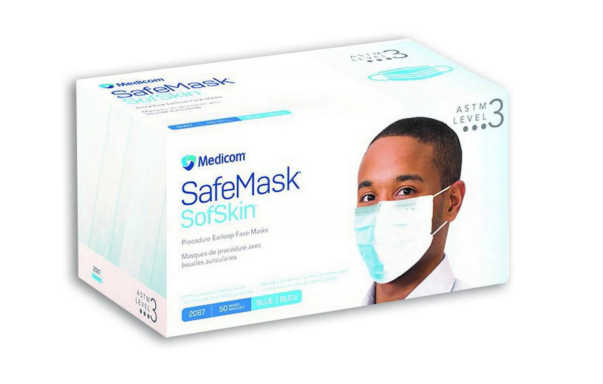 3 SafeMask Earloop Medicom ASTM Face 2087 Blue SofSkin 50/Bx Masks Level