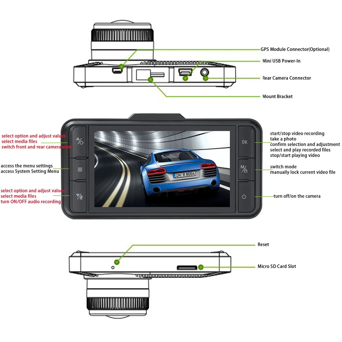 Cam TOGUARD Camera GPS and Dual Dash Car Rear G-Sensor Front Loop IPS FHD Dash 1080P WDR Recording 3" Camera