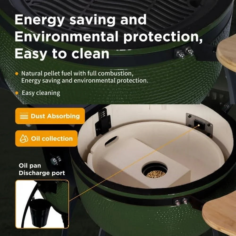 4-in-1 Pellet with Ceramic Gridiron Grill Patio,Green Outdoors diameter Liner Smoked BBQ 24" Roasted Double Ceramic for 19.6" Pan-roasted MADETEC