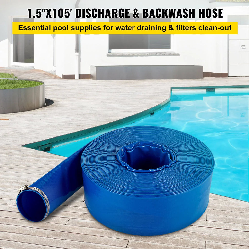 Blue Ideal Clamps, Hose, Discharge for & VEVOR Weather-proof Heavy Flat Lay 105', & Swimming Fabric Transfer, with Water 1-12" Hose, Backwash Hose Drain Burst-proof, Pool Duty x