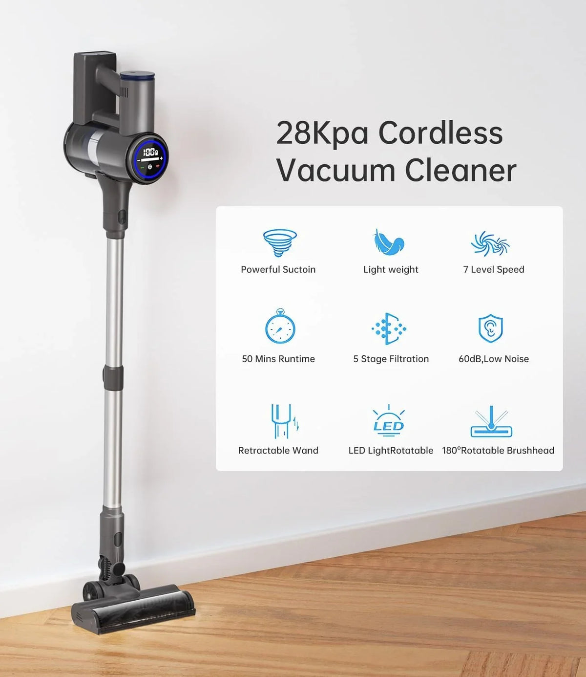 Stick Vacuum for Pet Cleaner Carpet, Home RunTime Floor Cordless Hair 28KPA, 50 Modes, Cleaners Vacuum with and 7 Cordless Vacuum Cleaner Mins Power Hardwood
