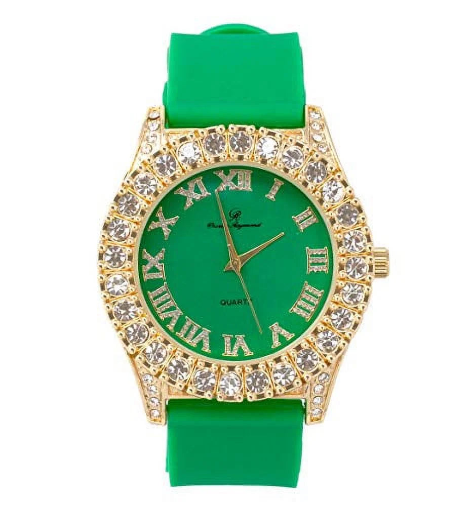 Out ST10327 with Dial Roman Watch Big Colorful Iced Rocks (ST10357 Green) Gold RN Silver Mens Single Numerals - Fully