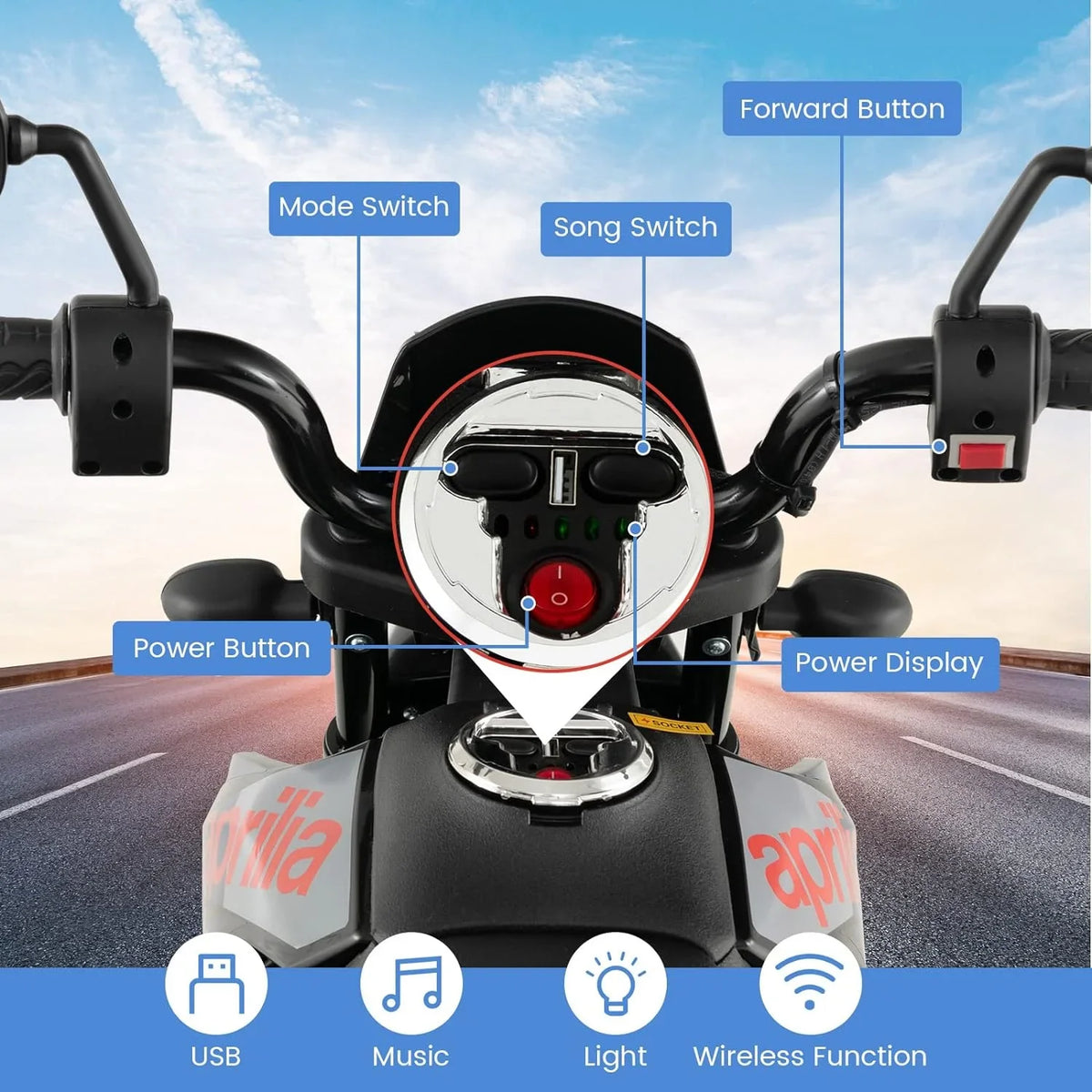 Foxhouse1 Kids Electric - Ride-on LED Motorcycle Headlights Blue Power, 12V with Color Battery