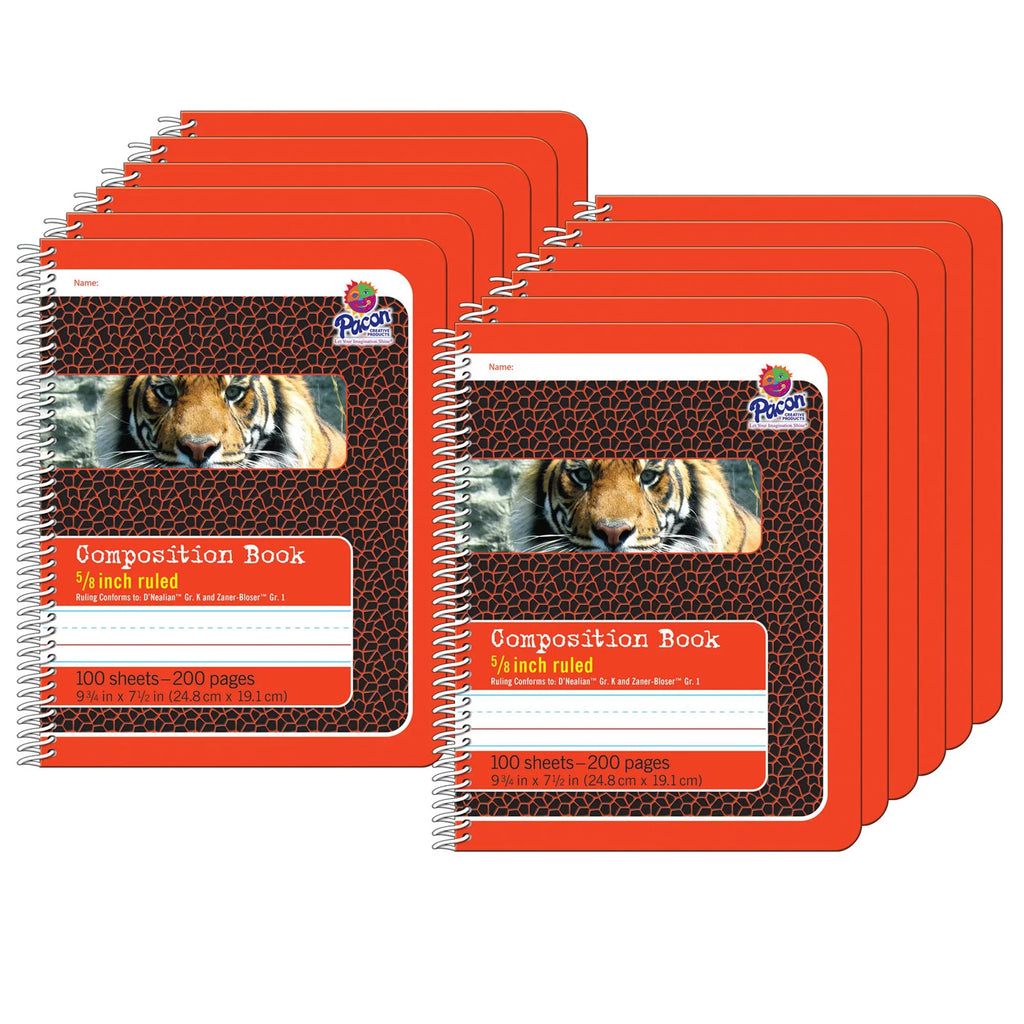 200 Book, 9.75" Pages, Ruled, 7.5", Pack Bound, Red/Tiger, Spiral Composition 12 x 5/8" of Primary