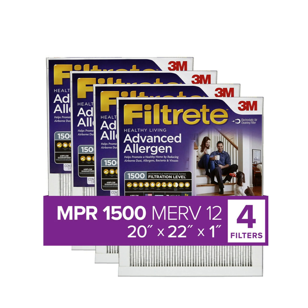 20x22x1, by Allergens, MERV MPR, Allergen HVAC Captures Bacteria, Viruses, Filter, Advanced Reduction Filtrete 4 1500 Filters Air 3M, 12, Furnace