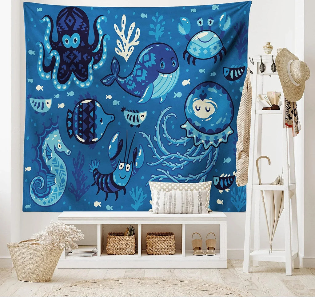 45" Wall Blue 30", Moss Hanging Sealife Ocean And For X Octopus Tapestry, Deep Living Little Whale Fish Cartoon Room Print, Fabric Bedroom Decor With Dorm, Animals