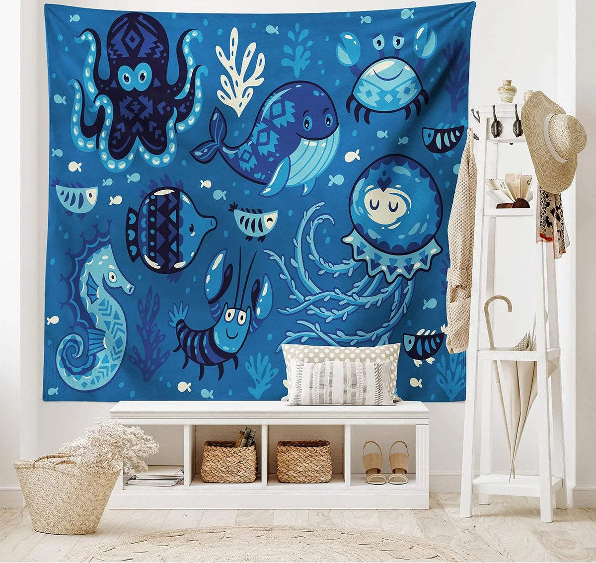 45" Wall Blue 30", Moss Hanging Sealife Ocean And For X Octopus Tapestry, Deep Living Little Whale Fish Cartoon Room Print, Fabric Bedroom Decor With Dorm, Animals