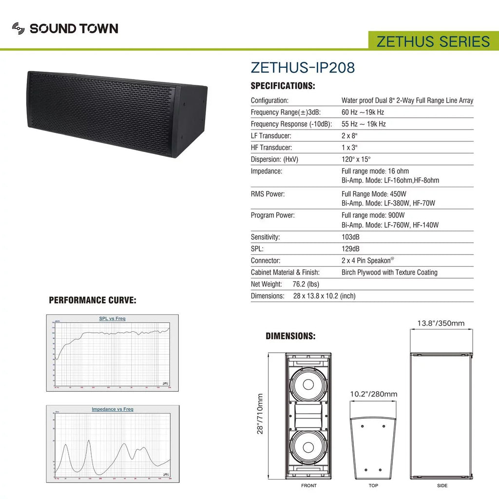 Dual System Line Town x Drivers, 8” 3” Range/Bi-amp Passive Full 4 Switchable, Titanium All-Weather (ZETHUS-IP208X4) Sound Array with Compression Water-Resistant
