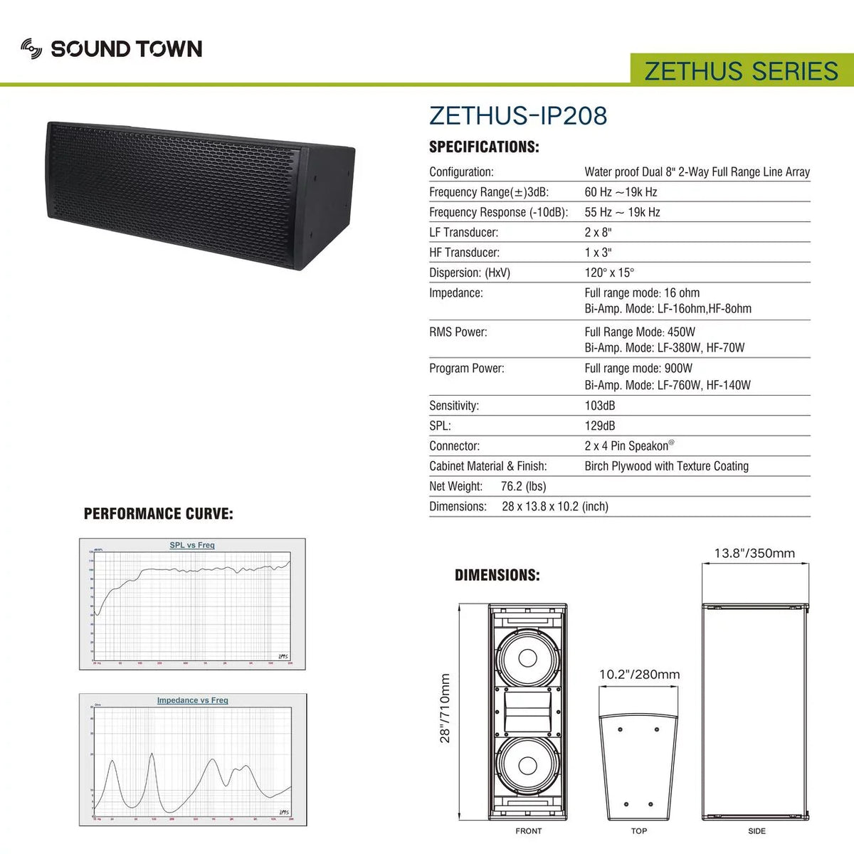 Dual System Line Town x Drivers, 8” 3” Range/Bi-amp Passive Full 4 Switchable, Titanium All-Weather (ZETHUS-IP208X4) Sound Array with Compression Water-Resistant