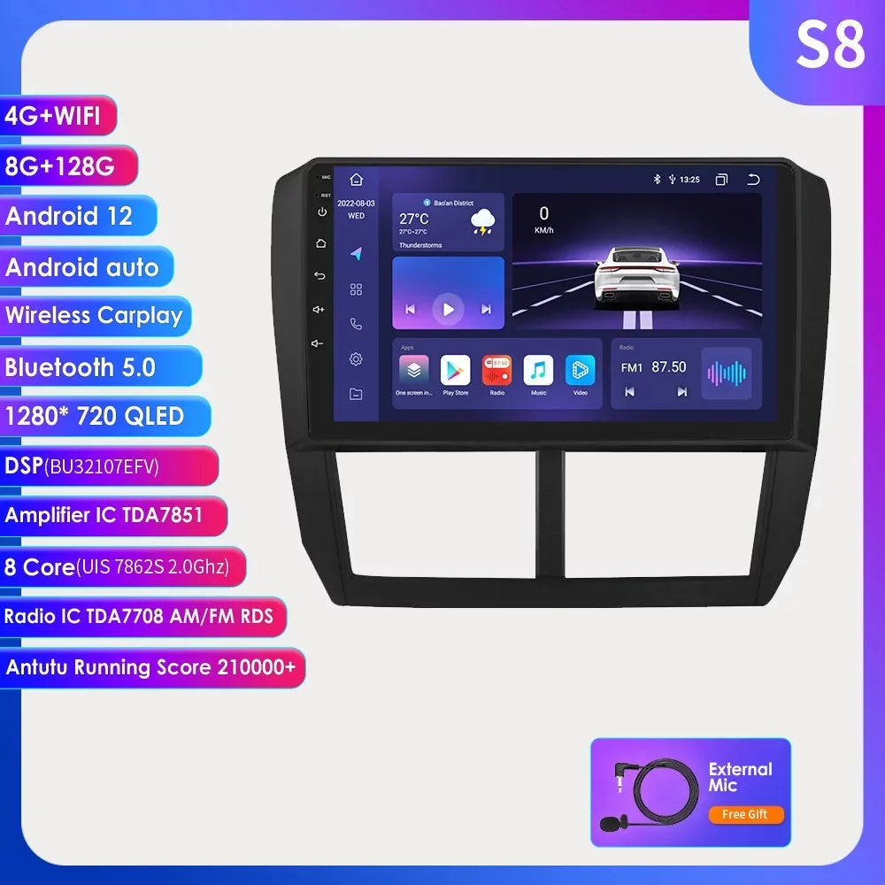 Carplay STI Impreza Car Bluetooth Stereo 8+128GB Radio Subaru Head GPS For 2008-2014 Android Wifi RDS 12 WRX Navigation Unit Forester