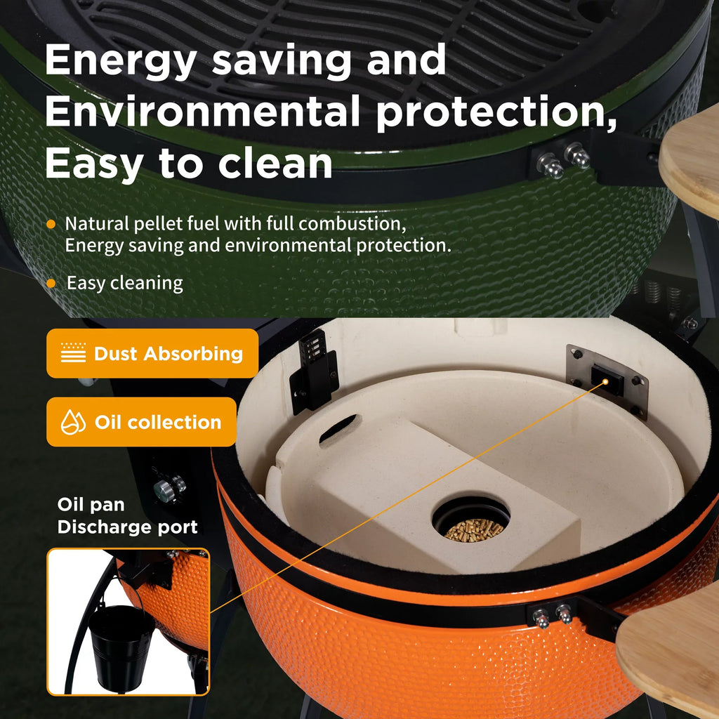Smoked Outdoors for Double 19.6" with Roasted Grill 24 4-in-1 Patio,Orange BBQ Ceramic diameter Pellet Liner Gridiron Pan-roasted "Ceramic
