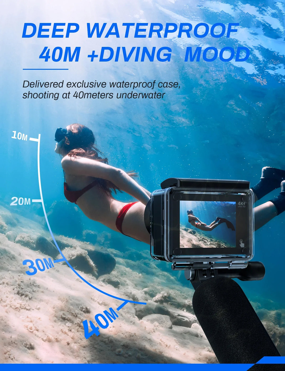 with WOLFANG Camera Action Underwater 40M 24MP 4K Remote Waterproof Case WiFi IP68 Control Vlogging Camera