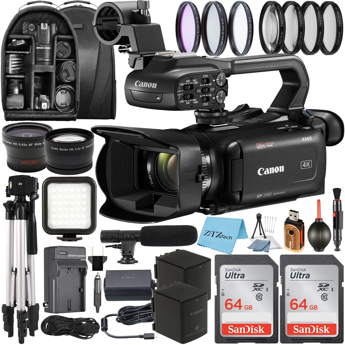 '+ LED XA60 Accessory Tripod + + + Pack Flash Memory 4K with Professional Microphone Case 2 Camcorder Bundle Wideangle Canon Kit SanDisk 64GB ZeeTech Lens + UHD Card + Filter +