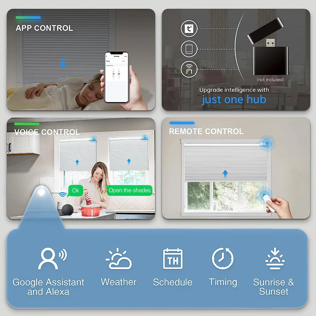with Solar Alexa Solar Powered H, Shades Cordless 29" Motorized Panel】 Rechargeable out Wx64 Blinds with Blinds, Honeycomb White Cellular Magnetic Electric Automatic Remote, 100% Google【Free