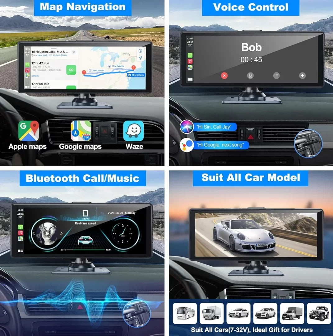 and Inch Portable 4K with Screen,10.26 IPS Wireless HD Carplay& Touchscreen Back-up Car Android Support Auto Camera Bluetooth/Siri/Google/GPS/Mirror-Link Dashcam