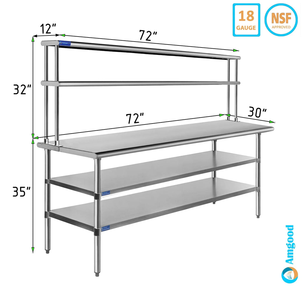 Wide x 72" Shelving Shelves With Kitchen Work Metal Overshelf 12" Double 30" Tier Combo | Two Table & Table Stainless Steel Prep |