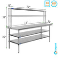 Wide x 72" Shelving Shelves With Kitchen Work Metal Overshelf 12" Double 30" Tier Combo | Two Table & Table Stainless Steel Prep |