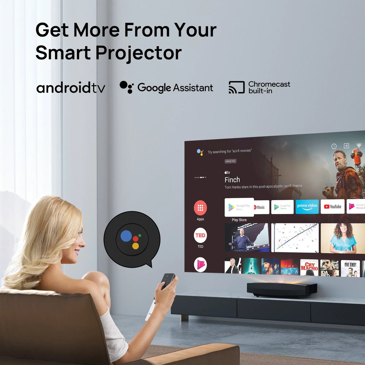 OS AURA TV Laser with 4K Short Kardon Ultra Projector Android Harman Speakers, XGIMI Throw