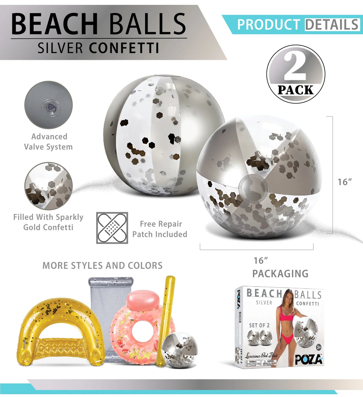 '- Premium 16 Balls, Bundle Duty Water Float for 4 Heavy Toys Size Balls Inch, Decor Pool Pack Beach Inflatable Fun Confetti Silver Gold Pool - 4 Mozlly of Party, Vacation, Beach, of & Set Lake,