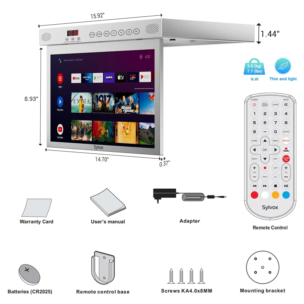 Smart 15.6 SYLVOX inch Bluetooth(Silver） Under Android WiFi Smart TV, Google FHD 1080P Built-in Assistant Cabinet TV Google Play, TV, Kitchen Support