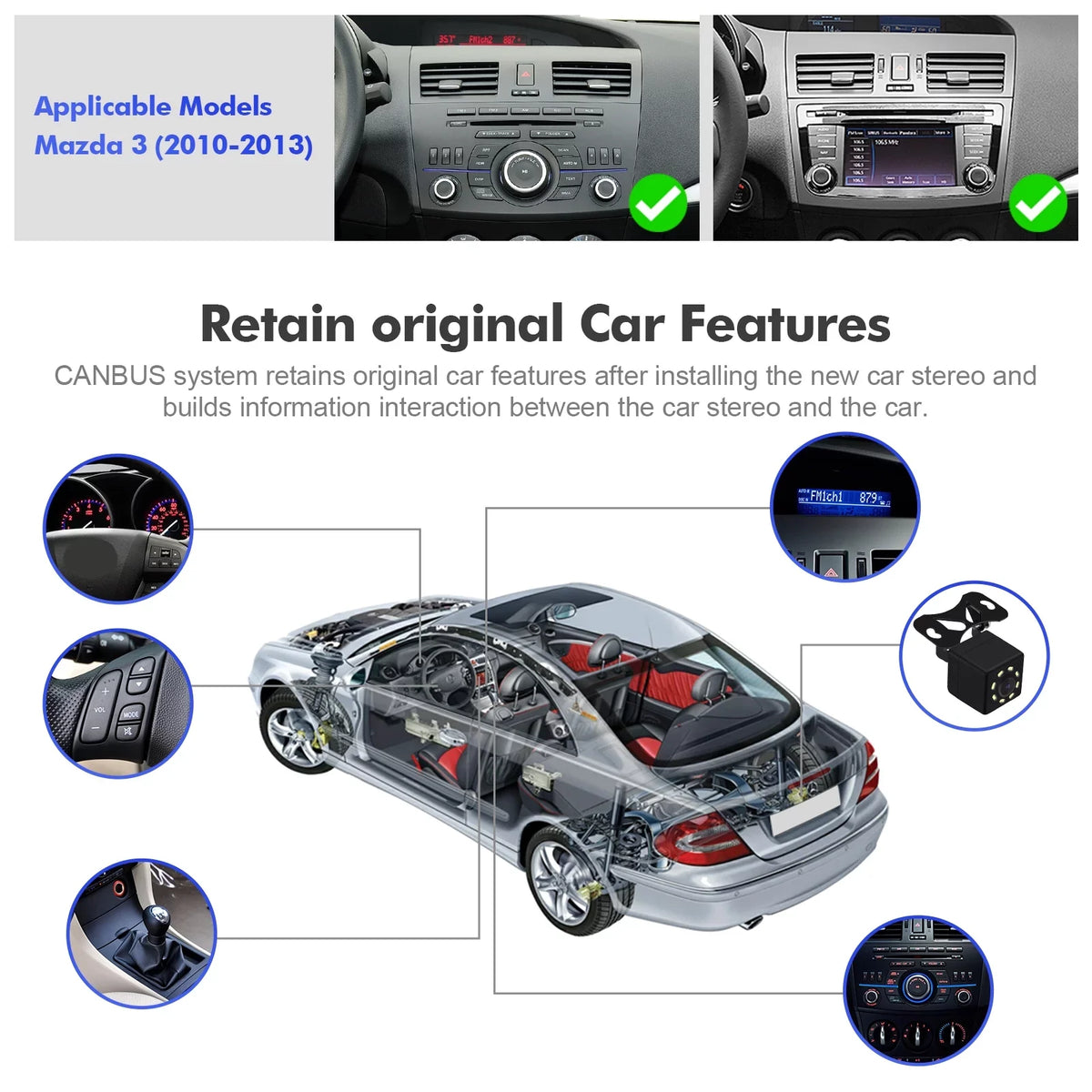 Double Android Built-in stereo Din 3 Carplay/Android 2011 Car Wireless Radio 10 9 Auto/GPS/Bluetooth/FM/AUX-in/Steering Control 2012 2+32G Mazda 2013 for 2010 Wheel Inch TouchScreen with Backup Camera