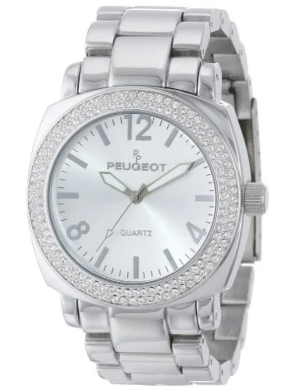 Oversized All Watch Silver Crystal 7075S Link Bracelet Metal Peugeot Women's with Bezel Swarovski Boyfriend
