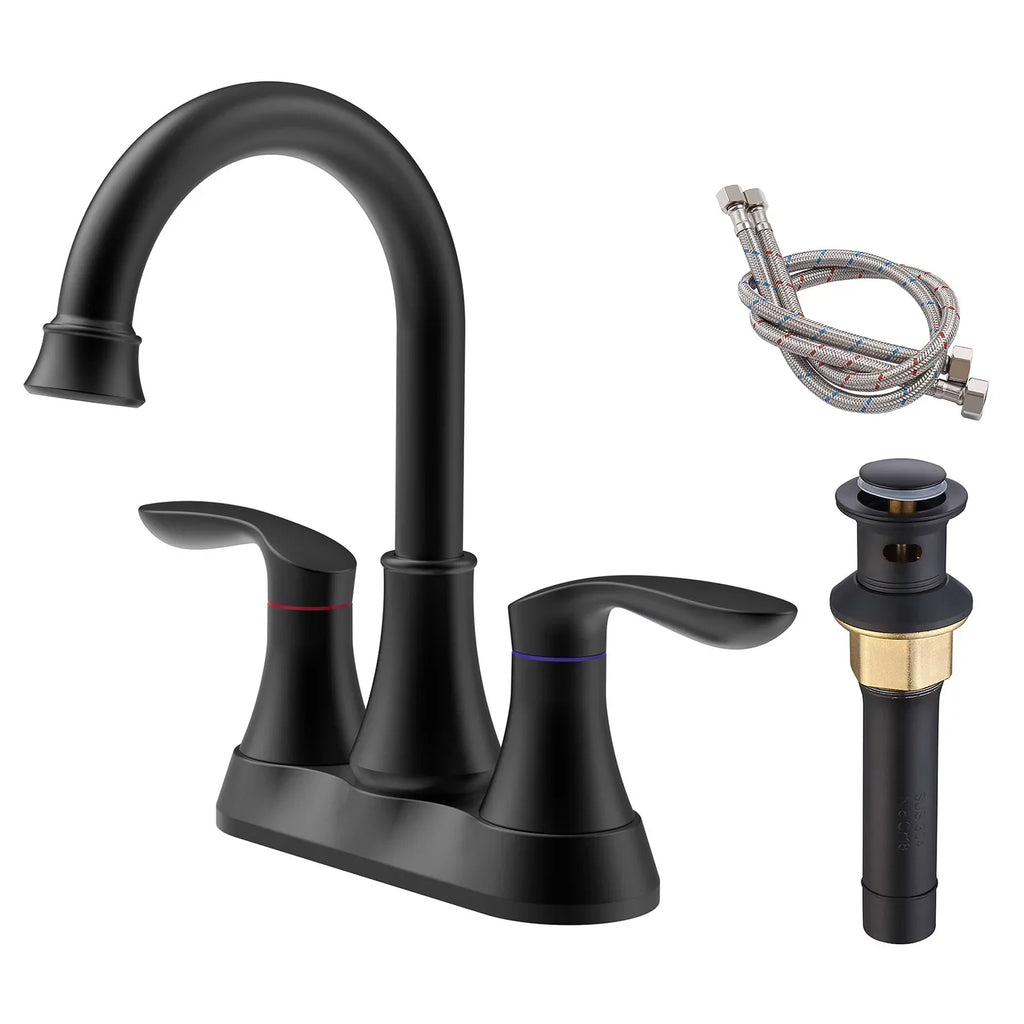 with Faucet，2-Handle Kichae Centerset Sink Inch 6 Pop-up Degree Bathroom 360 & Spout Supply Hoses，Matte Vanity Drain Swivel Faucet